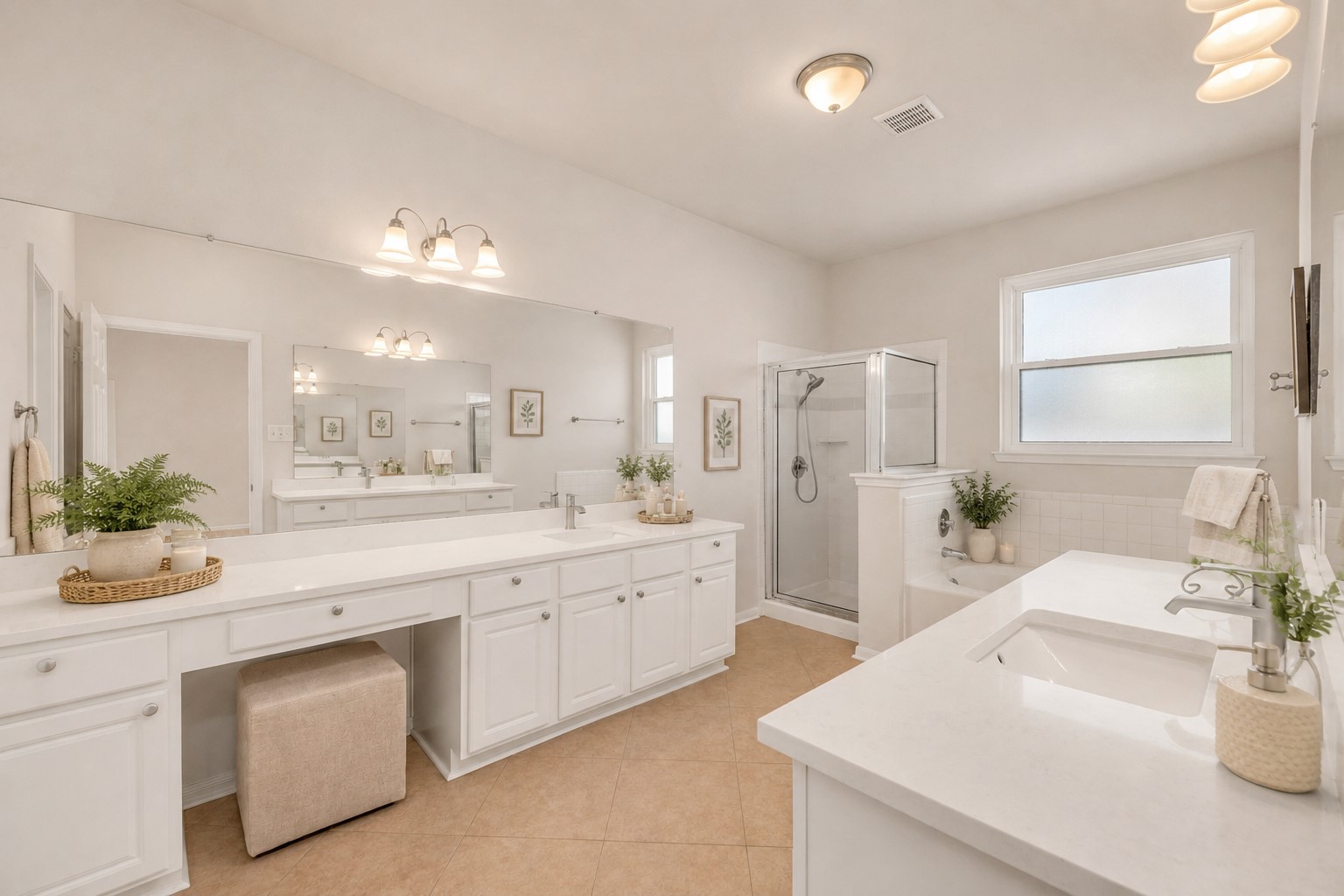 12528 Labrador Cove Austin, TX 78729 - Photo 25 of 40 This spacious primary bathroom offers a luxurious retreat with dual quartz vanities, extensive cabinetry, a dedicated makeup area, oversized mirrors, a relaxing soaking tub, and a separate glass-enclosed shower. Virtually staged in a light Pottery Barn-inspired style, the space is enhanced with soft neutral accents, elegant accessories, fresh greenery, and spa-like touches that highlight the room’s bright, airy feel and abundant functionality. Photo has been virtually staged to illustrate the room’s design potential; actual property is unfurnished.