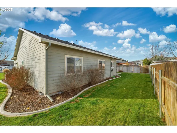 a view of a backyard with large trees