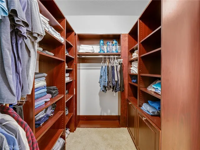 a view of walk in closet with clothes and shoes