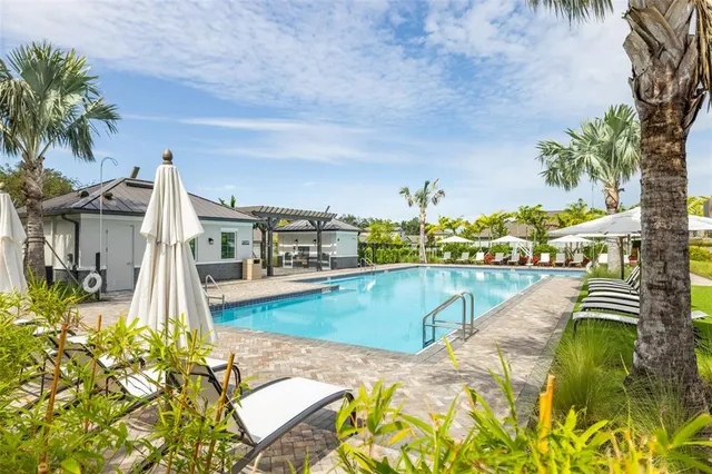 a view of a swimming pool with a patio