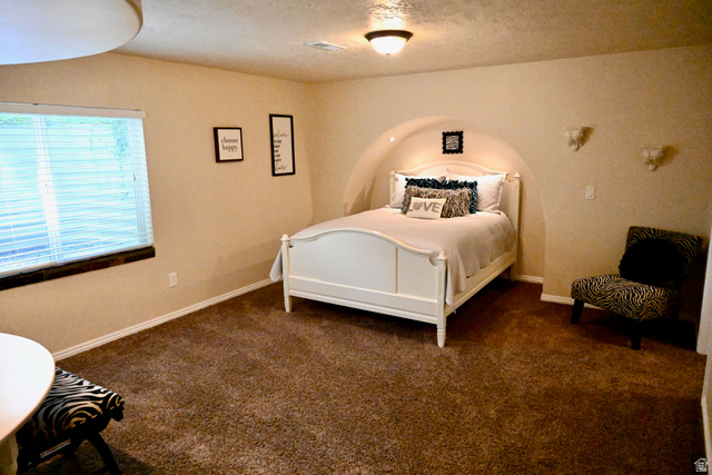 314 Brown Farm Lane Draper, UT 84020 - Photo 29 of 57 Carpeted room featuring an arched alcove with recessed lighting, a ceiling-mounted light fixture, and a window with horizontal blinds and a dark wood sill