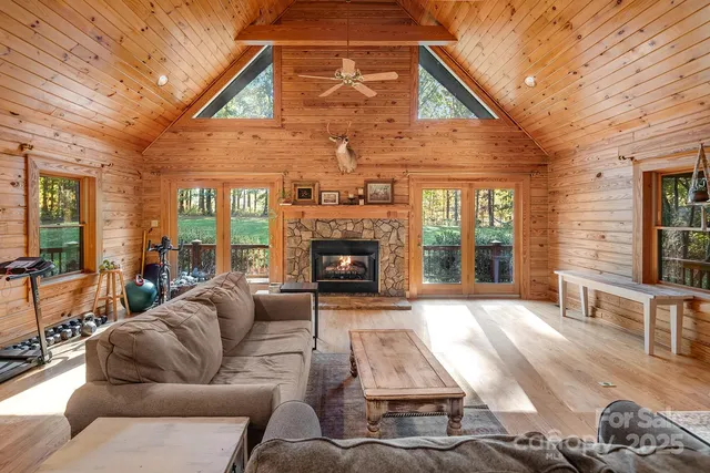 a living room with furniture ceiling fan and a fireplace