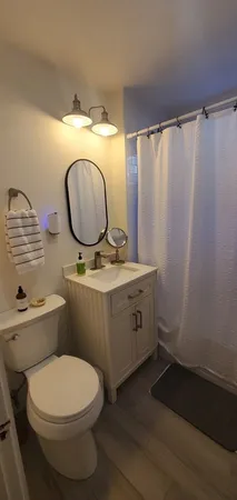 a bathroom with a toilet a sink and a mirror