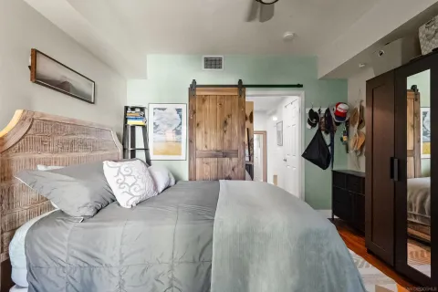 a bed room with a bed and a walk in closet