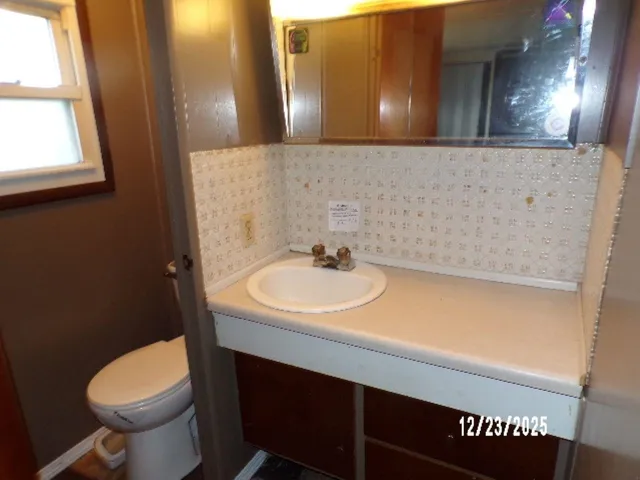 a bathroom with a sink toilet and a mirror