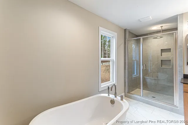 a bathroom with a bathtub and a shower