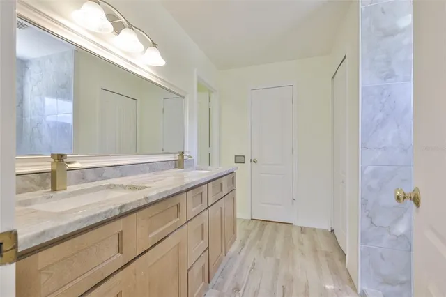 a bathroom with a sink and a mirror