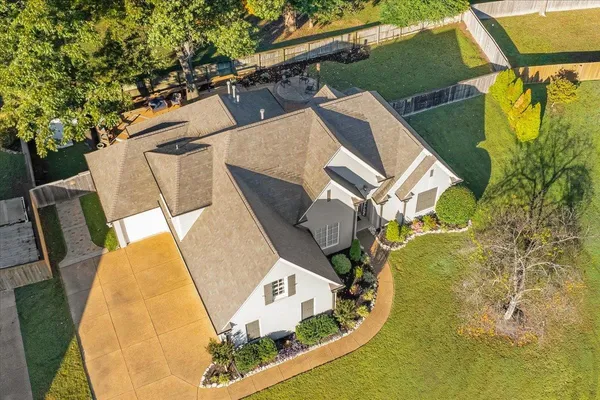 an aerial view of a swimming pool