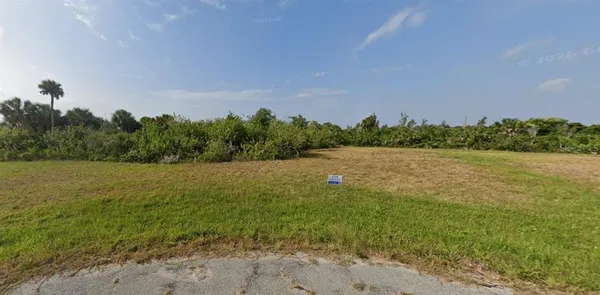 a view of a field with an trees in the background