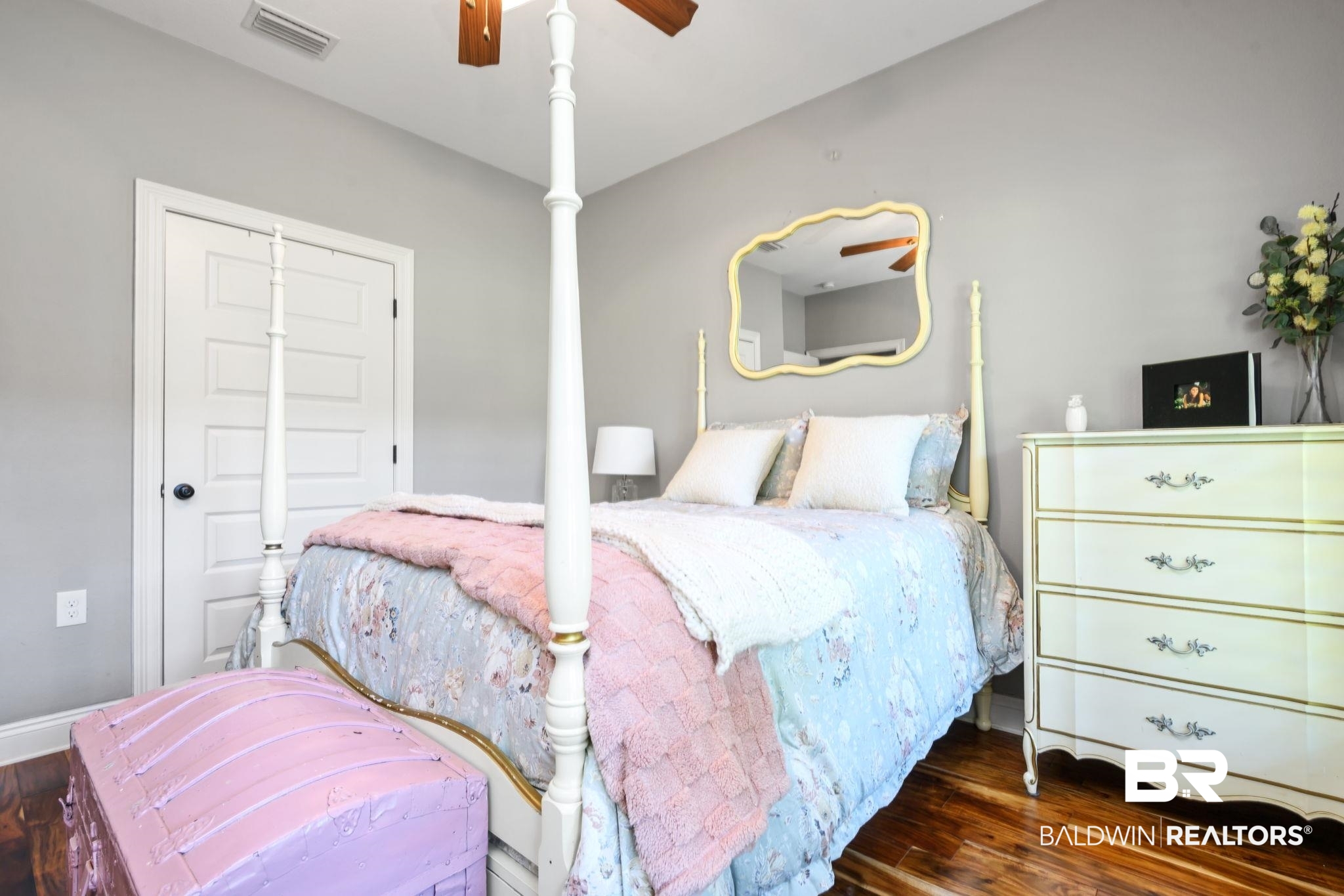52579 Stockton Cemetery Road Stockton, AL 36507 - Photo 29 of 66 Bedroom featuring dark wood-type flooring, ceiling fan, and a closet