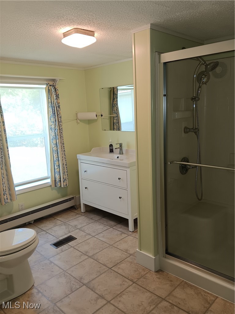 76241 Old Twenty One Road Kimbolton, OH 43749 - Photo 22 of 36 Bathroom with baseboard heating, a textured ceiling, a shower stall, vanity, and ornamental molding
