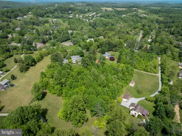 an aerial view of residential houses with outdoor space and trees