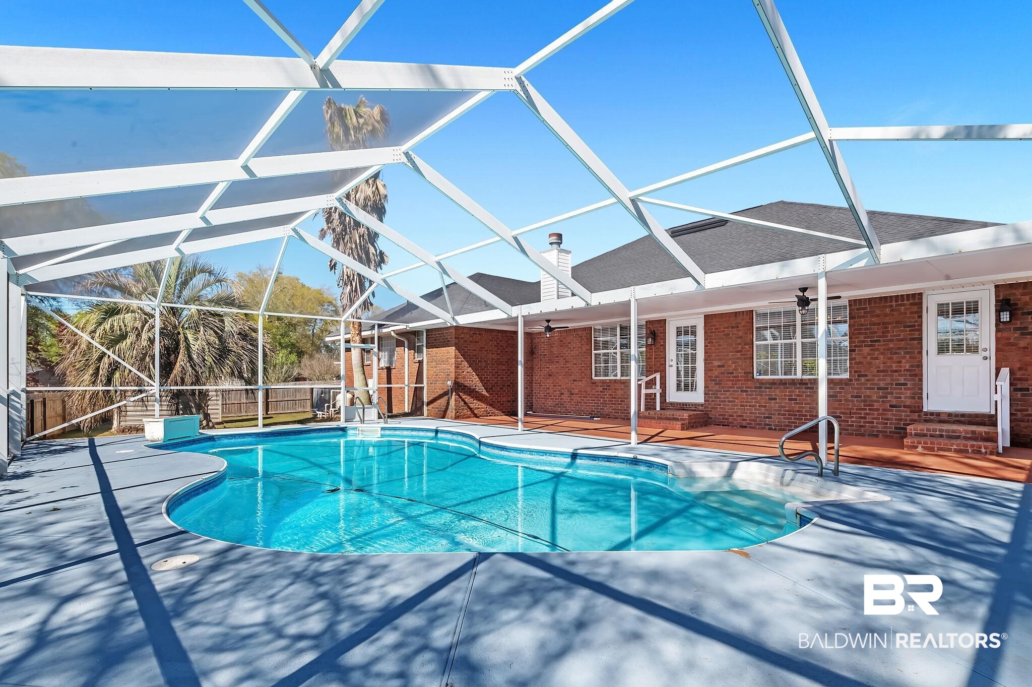 16444 Hamlet Lane Foley, AL 36535 - Photo 8 of 49 View of pool featuring glass enclosure, ceiling fan, a patio, and entry steps