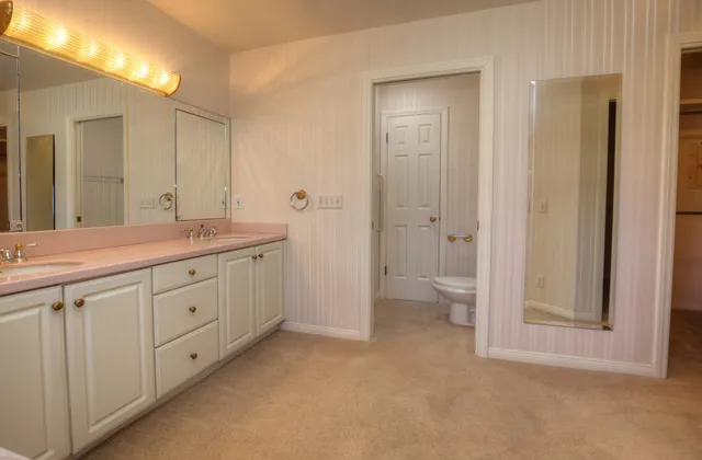 a bathroom with a granite countertop sink and mirror