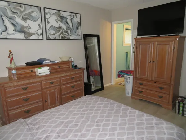 a bedroom with a bed and a television