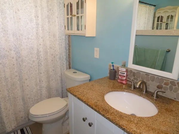 a bathroom with a granite countertop sink toilet and shower