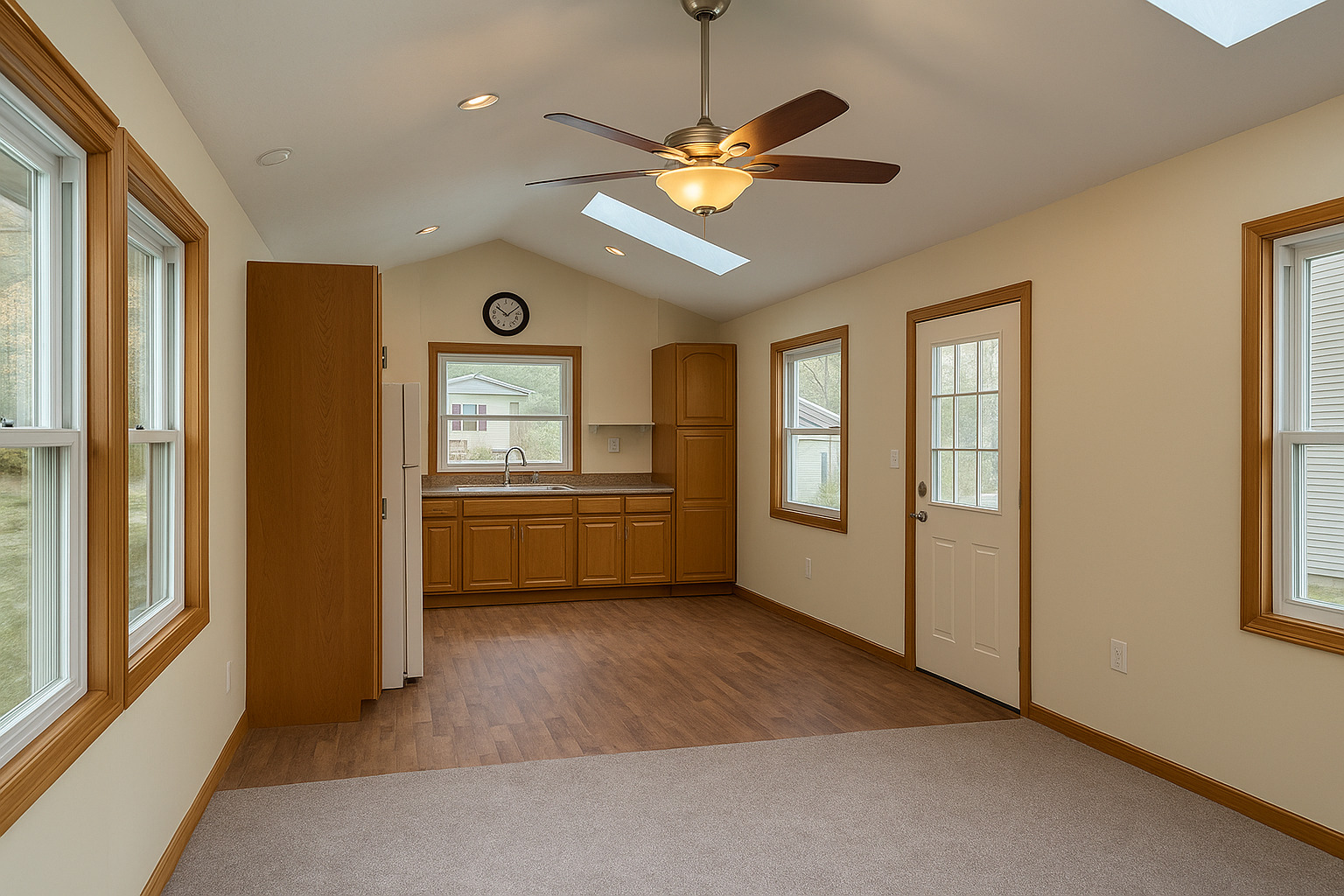 a view of a livingroom with a window and a ceiling fan