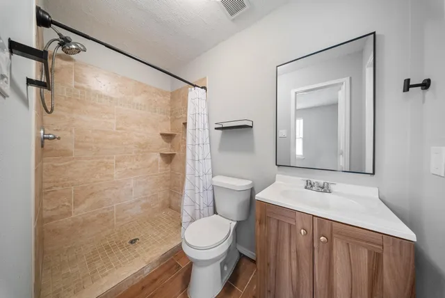 a bathroom with a sink a toilet and shower