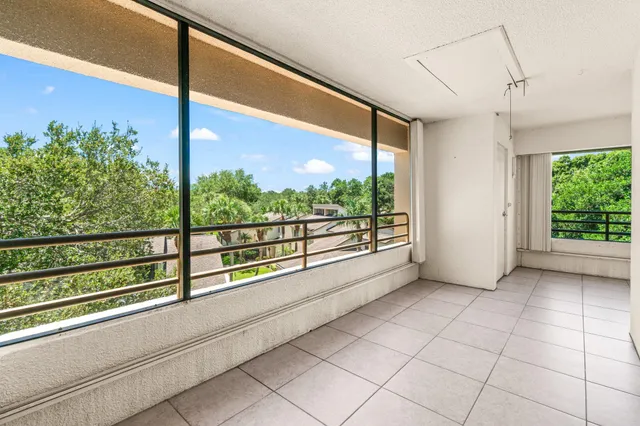 a view of a building from a balcony