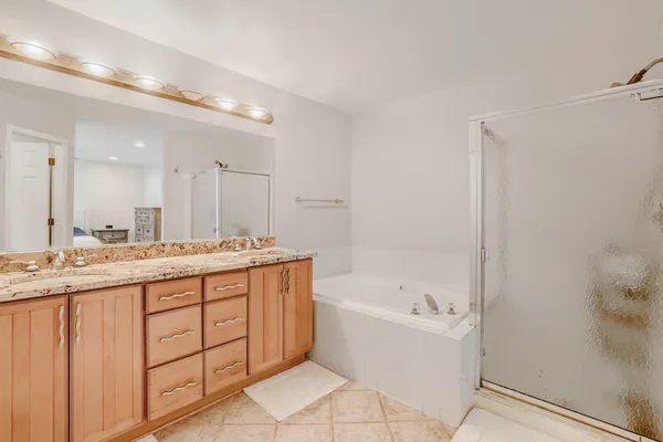 a bathroom with a tub a double vanity sink and mirror