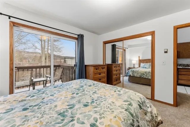 a bedroom with a large window and walk in closet