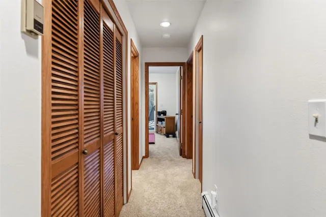 a bedroom with two beds and a potted plant