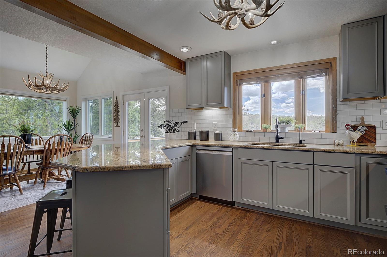27987 Richmond Hill Road Conifer, CO 80433 - Photo 15 of 46 a kitchen with counter top space and dining table