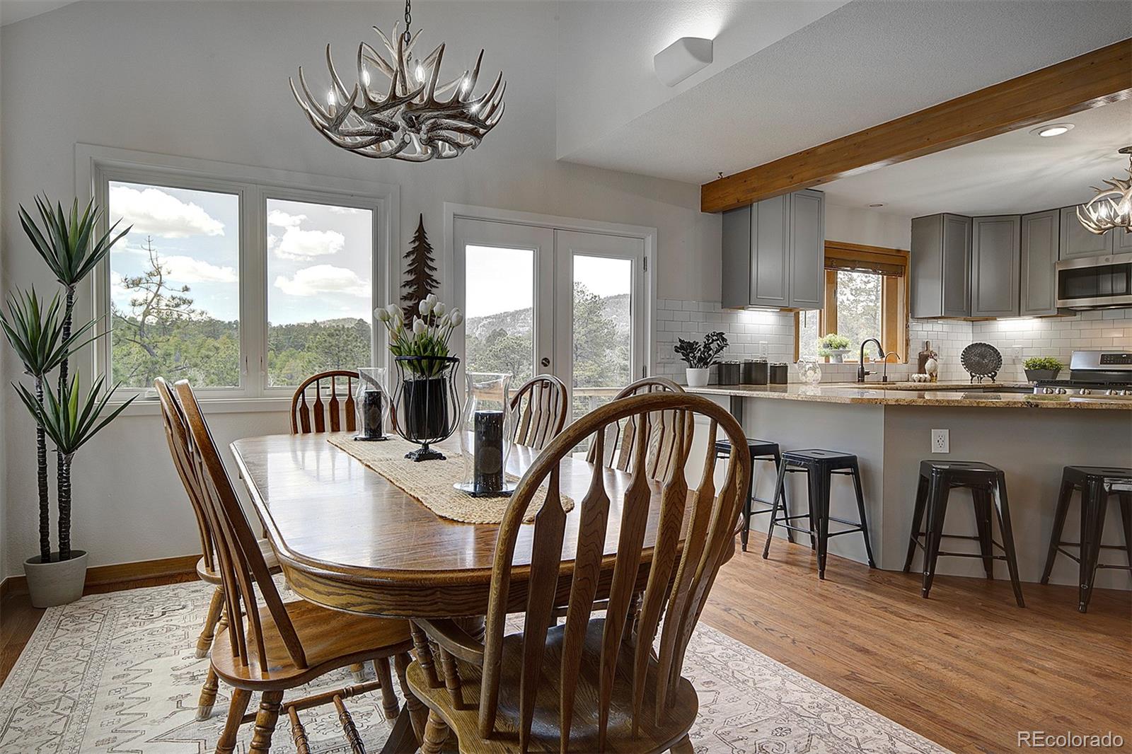 27987 Richmond Hill Road Conifer, CO 80433 - Photo 21 of 46 a view of a dining room with furniture window and outside view