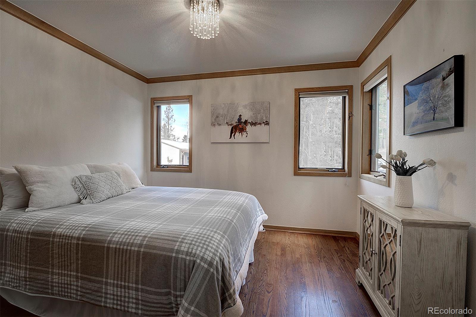 27987 Richmond Hill Road Conifer, CO 80433 - Photo 28 of 46 a bedroom with a bed a mirror and a window
