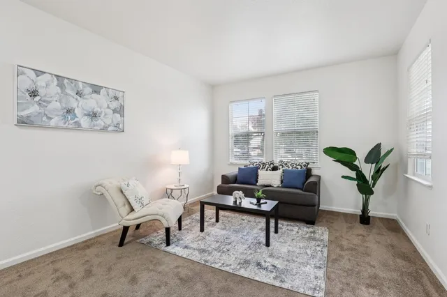 a living room with furniture and a potted plant