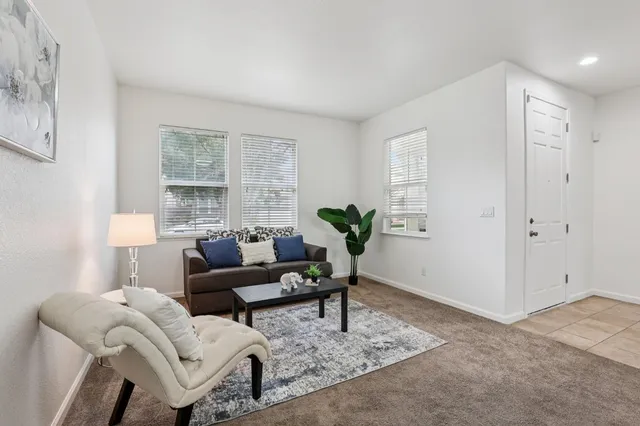 a living room with furniture and a potted plant