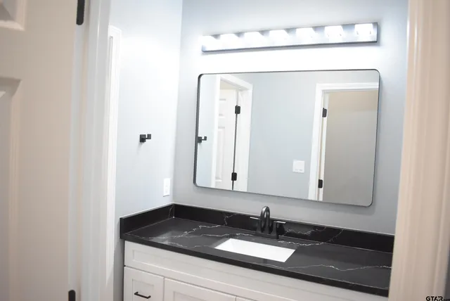 a bathroom with a sink and a mirror
