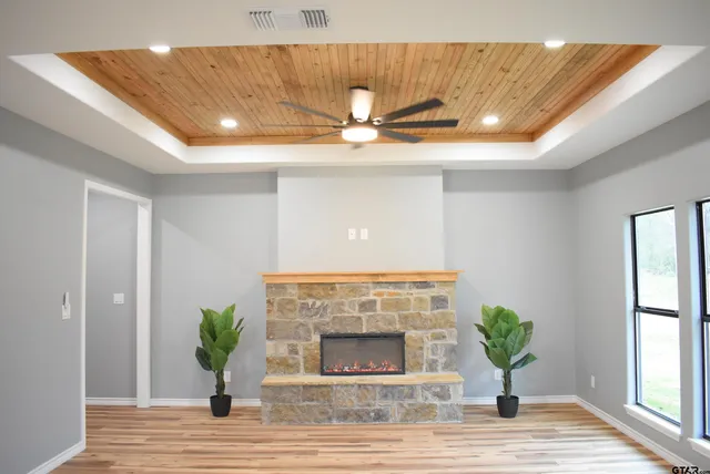 a living room with a potted plant and a fireplace