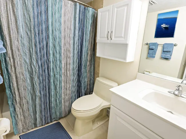 a bathroom with a sink a toilet and shower curtain