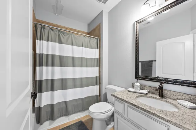 a bathroom with a sink a toilet a shower and a mirror