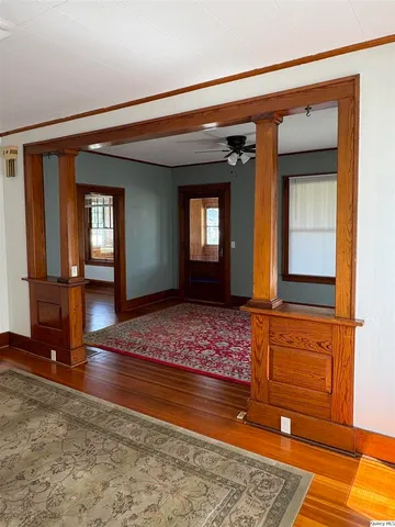 a view of lobby with mirror