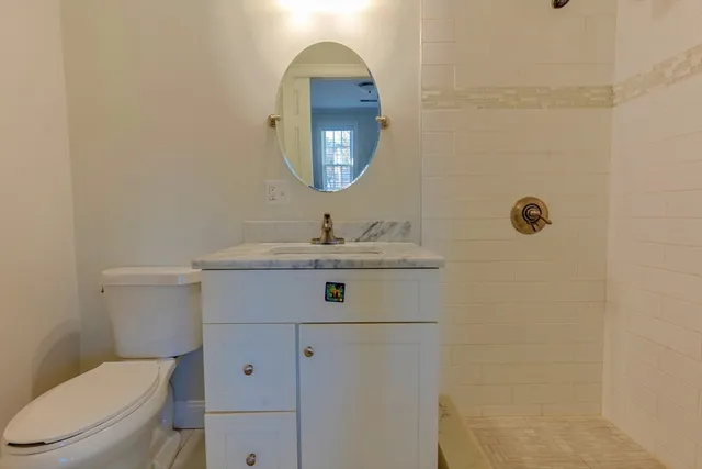 a bathroom with a sink toilet vanity and shower