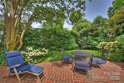 a view of a chairs and table in the backyard