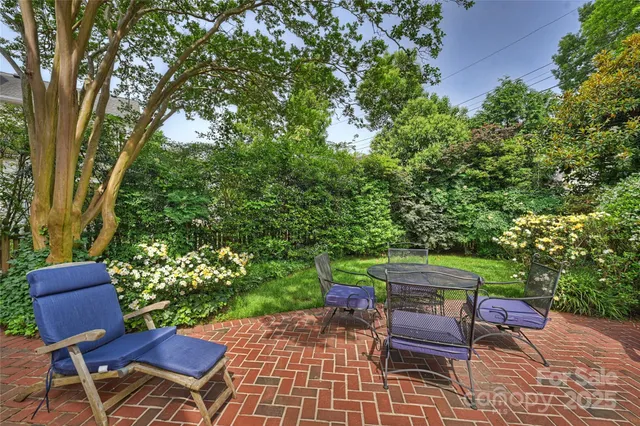 a view of a chairs and table in the backyard