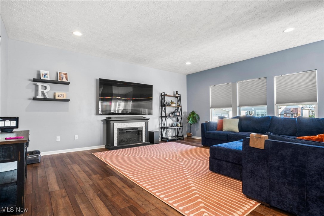 37174 Amber Way North Ridgeville, OH 44039 - Photo 10 of 40 Living room with a fireplace, hardwood / wood-style flooring, a textured ceiling, and recessed lighting