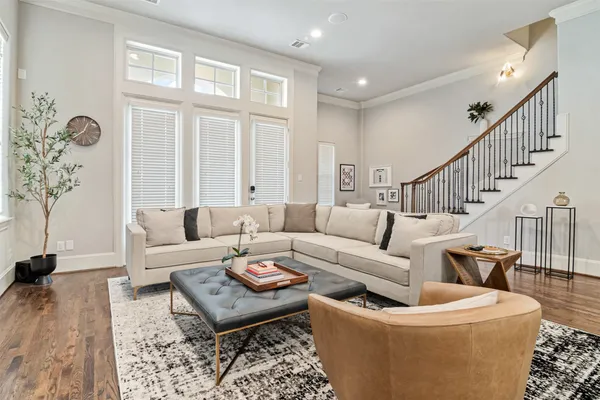 a living room with furniture and a potted plant