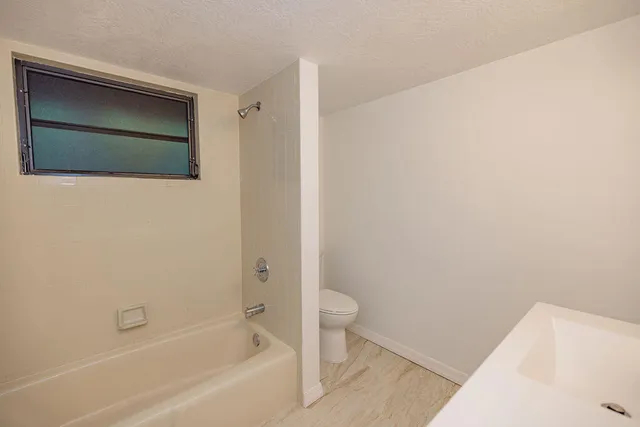 a bathroom with a bathtub and a toilet