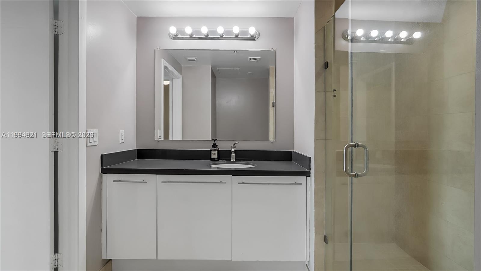 90 Southwest 3rd Street, Unit 3003 Miami, FL 33130 - Photo 35 of 47 a bathroom with a granite countertop sink a mirror and a shower