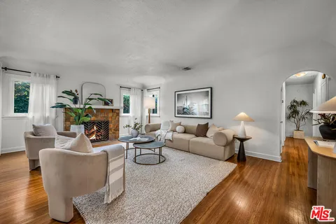 a living room with furniture a fireplace and a potted plant