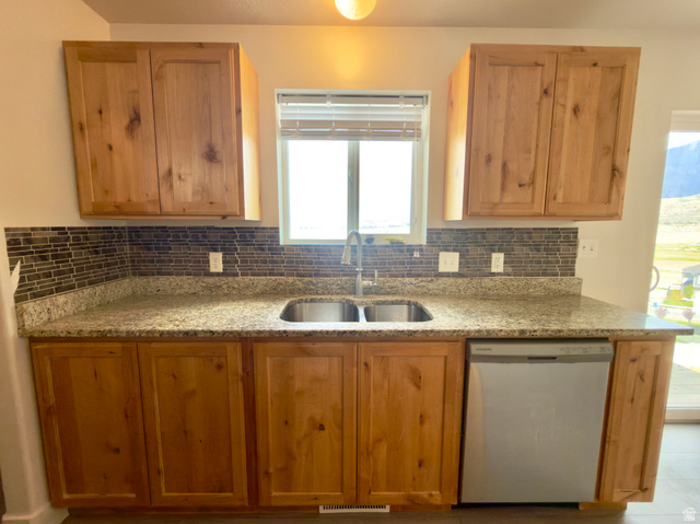 1823 South Longview Road Santaquin, UT 84655 - Photo 22 of 69 Kitchen featuring light wood cabinetry, a double basin stainless steel sink, and a stainless steel dishwasher