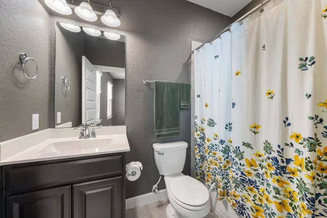 a bathroom with a sink a toilet a mirror a vanity and shower