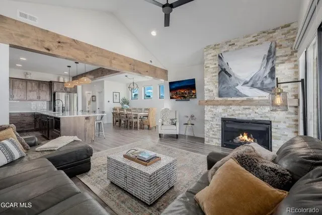 a living room with furniture and a fireplace