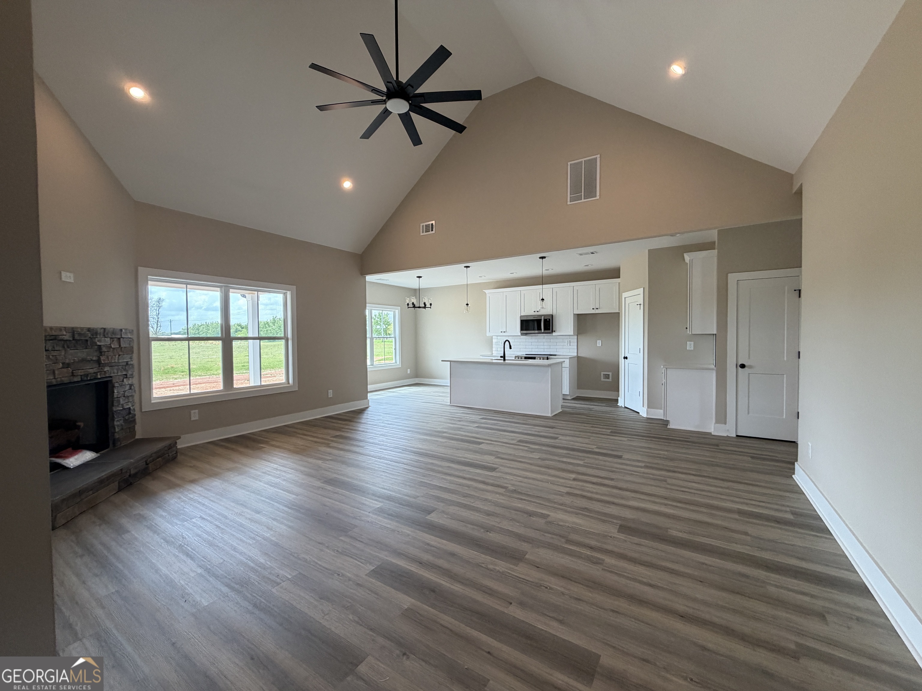 54 Melville Brown Road Williamson, GA 30292 - Photo 2 of 16 an empty room with wooden floor fireplace and windows