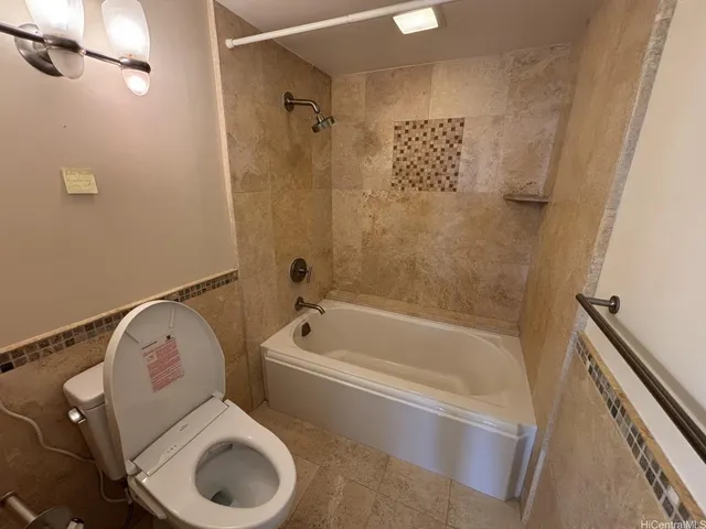 a bathroom with a toilet and a bathtub