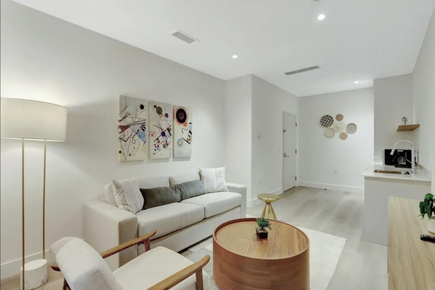 a living room with furniture and a sink